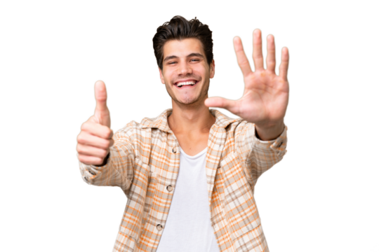 Young handsome caucasian man over isolated background counting six with fingers