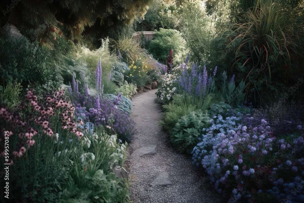 Poster a route that winds through a garden that has a number of different kinds of flowers generative ai