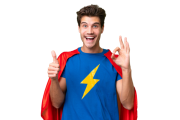 Super Hero caucasian man over isolated background showing ok sign and thumb up gesture