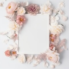 Picture frame mock up, with flowers  and small decorations. Generative Ai.