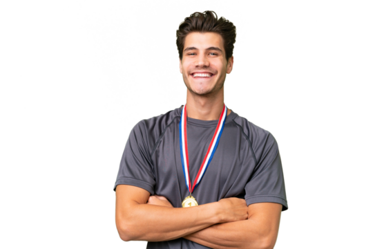Young caucasian man with medals over isolated background keeping the arms crossed in frontal position