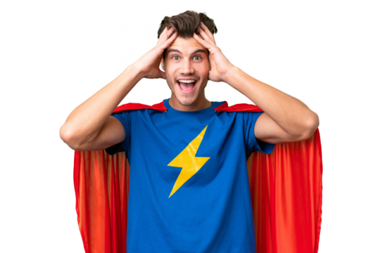 Super Hero caucasian man over isolated background with surprise expression