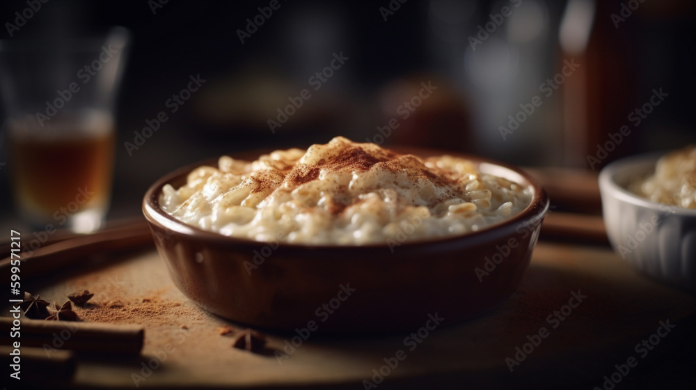 Sticker Rice pudding with cinnamon cinematic style single Generative AI 