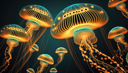 abstract jellyfish gold blue luxury background created with Generative AI technology