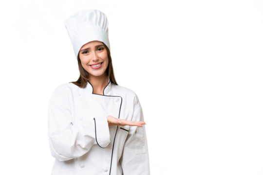 Young chef caucasian woman over isolated background presenting an idea while looking smiling towards