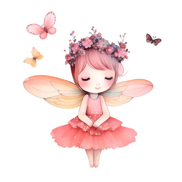 Beautiful little girl with wings and butterflies in a pink dress. Cute Garden Fairy with flowers. Watercolor illustration. For children artworks, wallpapers, posters, greeting cards prints.