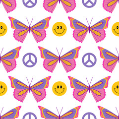 70s retro groovy hippie seamless pattern, Y2k, 1970 good vibes, trippy. Butterfly and smiles. Vector illustration.
