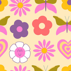 70s retro groovy hippie seamless pattern. Colorful flowers, hearts, butterflies, Y2k, 1970 good vibes, trippy. Nostalgic background, digital paper. Vector illustration.