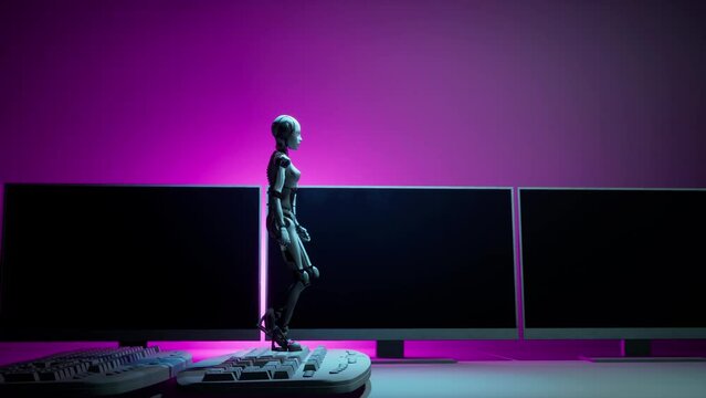 3d render of female robot walking on loop keyboards with drop mouse on floor and monitors in background motion graphic