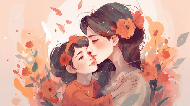 Mother's day illustrations. Tender moments between mothers and children. Mother with his children. Images generated by AI.