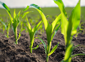 Field of agricultural concept corn plants. corn seedlings in the sunlight and agro