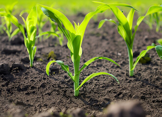 Field of agricultural concept corn plants. corn seedlings in the sunlight and agro