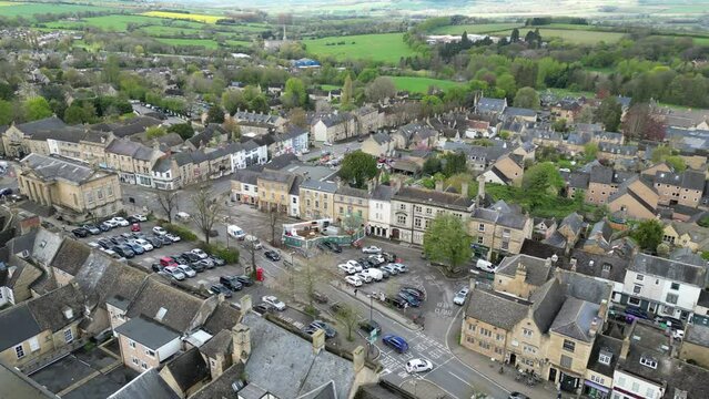 Chipping Norton Oxfordshire UK panning drone aerial view town centre