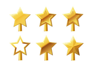 Christmas gold tree topper vector. 3d realistic golden star decoration in deco style, decorative traditional shiny design for top of Xmas pine tree in winter season isolated on white.