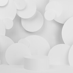 White abstract stage with one cylinder podium mockup with flying circles as decor in contemporary minimal geometric style, scene template for presentation cosmetic products, goods, design, square.