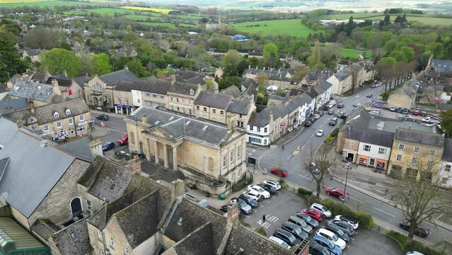Chipping Norton Town Hall Oxfordshire UK drone aerial view 4k footage