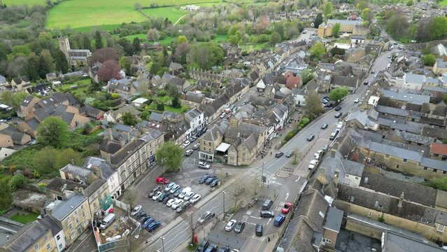 Chipping Norton town centre Oxfordshire UK drone aerial reverse ascending