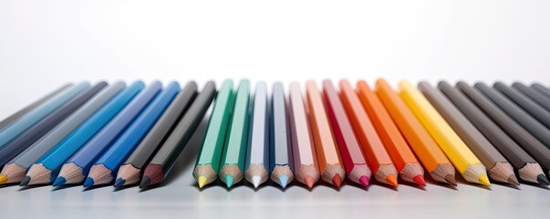 Fototapeta premium Colored pencils laying down isolated on white background with copy space. Back to school generative ai concept