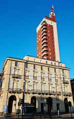 Obraz premium The Littoria Tower is a building in the historic center of Turin from 1934 and is one of the best known rationalist buildings in Italy.