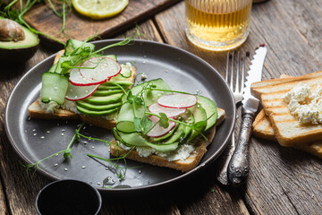 White bread toasts with cream cheese, avocado, cucumber and radish in a plate