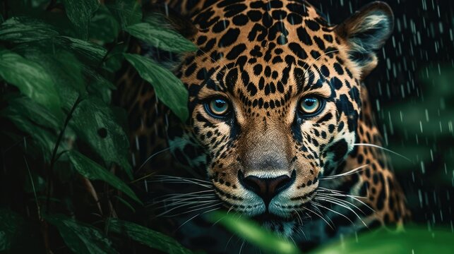 A close-up of a spotted jaguar with fiery eyes. Generative AI 