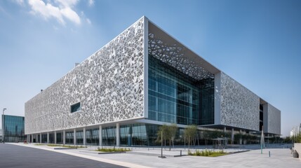 A modern, bold, and dramatic exterior design of a convention center. Generative AI