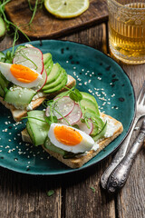 White bread toasts with cream cheese, egg, avocado, cucumber and radish in a plate