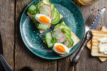 White bread toasts with cream cheese, egg, avocado, cucumber and radish in a plate