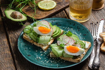 White bread toasts with cream cheese, egg, avocado, cucumber and radish in a plate