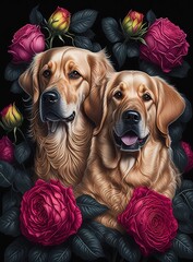 Golden retriever surrounded by roses. Generative A.I