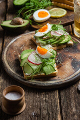 White bread toasts with cream cheese, egg, avocado, cucumber and radish in a plate
