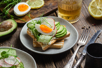 White bread toasts with cream cheese, egg, avocado, cucumber and radish in a plate