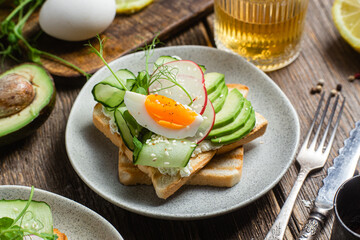White bread toasts with cream cheese, egg, avocado, cucumber and radish in a plate