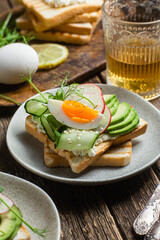 White bread toasts with cream cheese, egg, avocado, cucumber and radish in a plate