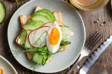 White bread toasts with cream cheese, egg, avocado, cucumber and radish in a plate