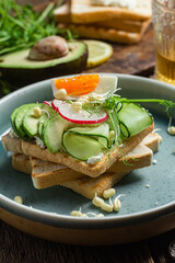 White bread toasts with cream cheese, egg, avocado, cucumber and radish in a plate