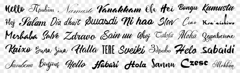 Hello calligraphy text inscription in different language collection. Set of hello text message