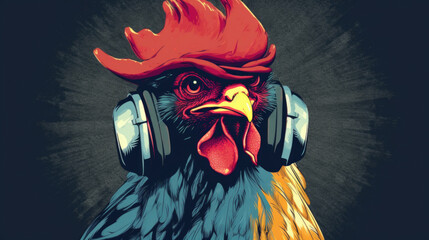 Hiphop rooster wearing headphones created with Generative AI technology