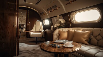 A luxurious and opulent interior design of a private jet with a wooden design. Generative AI