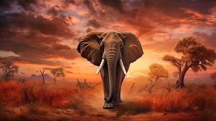 A majestic elephant walking across the savannah with a beautiful sunset background. Generative AI 