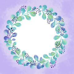 watercolor wreath with green and blue leaves, gradient in illustration, sketch, green and blue color, herbal ornament on watercolor lilac background