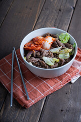 stir fry beef gyudon with kimchi