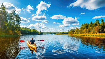A person kayaking on the lake with beautiful skies. Generative AI  - obrazy, fototapety, plakaty