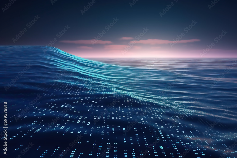 Poster unlimited ocean of information with waves of binary code at dawn, abstract seascape background