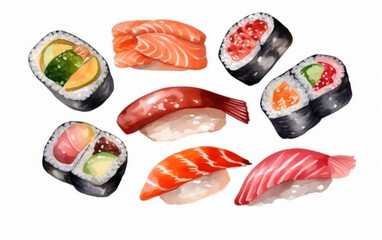 watercolor of sashimi and sushi created with Generative AI technology