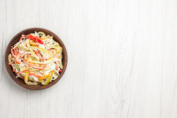 top view chicken salad with mayyonaise and sliced vegetables inside plate on the white desk fresh salad meat snack meal