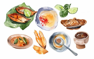 watercolor of thai food isolated created with Generative AI technology