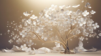 floral tree with white flower leaves and golden stem. Generative AI