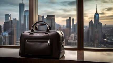 A luxury travel button bag beside a window with a skyline background. Generative AI 