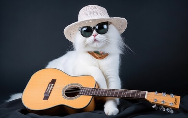 White Persian cat wearing sunglasses and hat holding guitar created with Generative AI technology